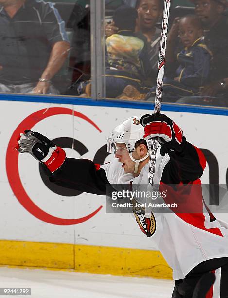 Mike Fisher of the Ottawa Senators celebrates after scoring a goal against the Florida Panthers in the first period on October 28, 2009 at the...