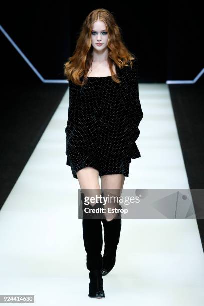 Model walks the runway at the Emporio Armani show during Milan Fashion Week Fall/Winter 2018/19 on February 25, 2018 in Milan, Italy.
