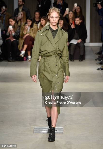 Model walks the runway at the Atsushi Nakashima show during Milan Fashion Week Fall/Winter 2018/19 on February 26, 2018 in Milan, Italy.