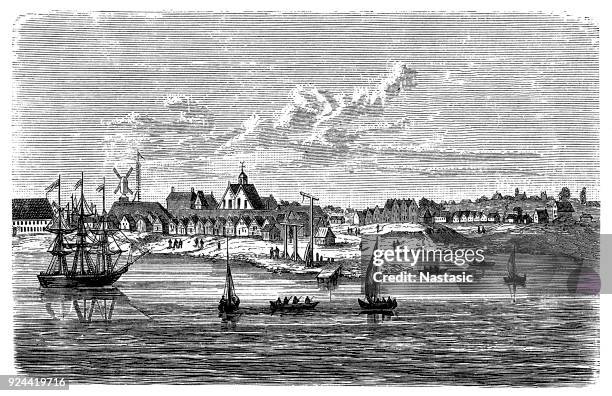 new amsterdam. first branch of foreigners in america (the later new york) - new amsterdam stock illustrations