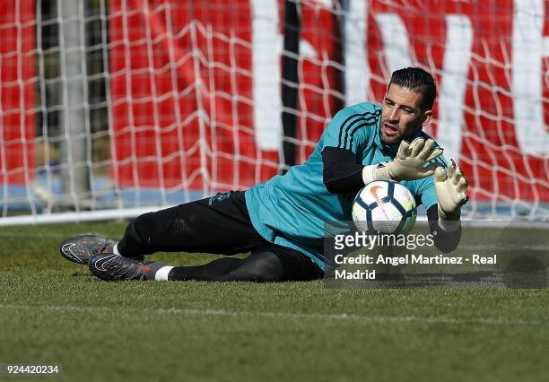 Kiko Casilla of Real Madrid in action during a training session at Valdebebas training ground on February 26, 2018 in Madrid, Spain.