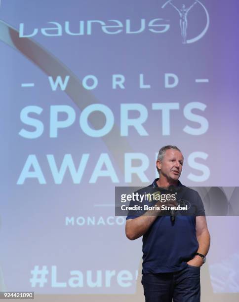 Laureus Academy Member Sean Fitzpatrick holds a speech during the Sport for Good Play International Project Visit at Allianz Riviera Stadium on...