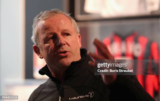 Laureus Academy Member Sean Fitzpatrick holds a speech during the Sport for Good Play International Project Visit at Allianz Riviera Stadium on...