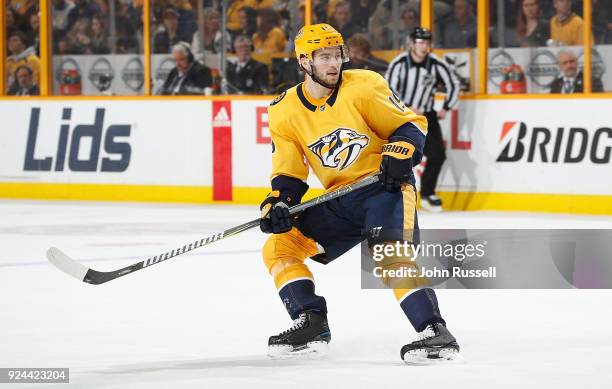 Calle Jarnkrok of the Nashville Predators skates against the San Jose Sharks during an NHL game at Bridgestone Arena on February 22, 2018 in...