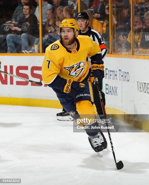 Yannick Weber of the Nashville Predators skates against the San Jose Sharks during an NHL game at Bridgestone Arena on February 22, 2018 in...