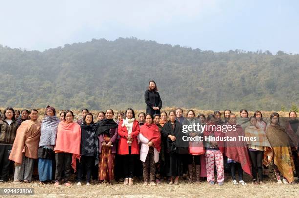 Rekha Rose Dukru, an independent candidate from the Chizami seat, with a group of women from Tsupfume village during election campaign for Nagaland...