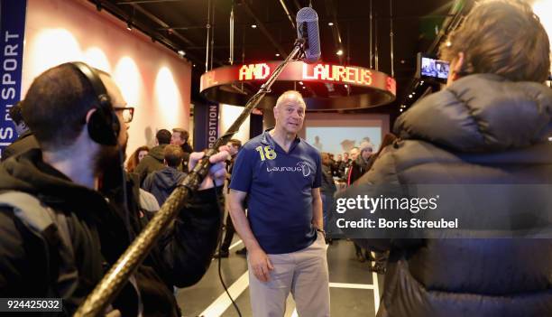 Laureus Academy Member Steve Redgrave gives an interview during the Sport for Good Play International Project Visit at Allianz Riviera Stadium on...