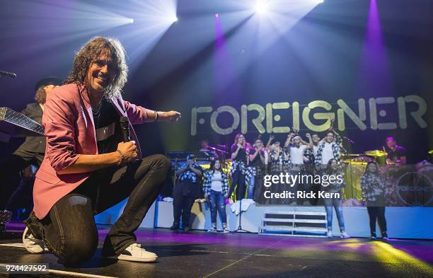 Vocalist Kelly Hansen of Foreigner performs in concert with the Connally High School choir at ACL Live on February 25, 2018 in Austin, Texas.