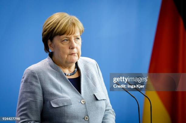 German Chancellor Angela Merkel gives a press conference at the chancellery, on February 21, 2018 in Berlin, Germany.