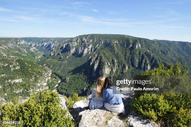 friends enjoying at le point sublime in south of france - lozere stock-fotos und bilder