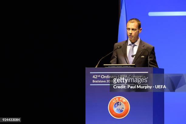 President Aleksander Ceferin speaking during the 42nd Ordinary UEFA Congress at the Incheba Expo on February 26, 2018 in Bratislava, Slovakia.