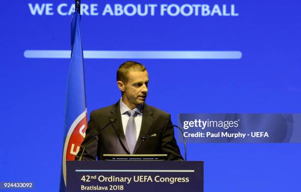 President Aleksander Ceferin speaking during the 42nd Ordinary UEFA Congress at the Incheba Expo on February 26, 2018 in Bratislava, Slovakia.