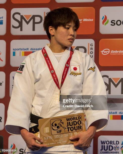 Under 78kg gold medallist, Ruika Sato of Japan during the 2018 Dusseldorf Grand Slam at the ISS Dome, Dusseldorf, Germany, on February 25, 2018.