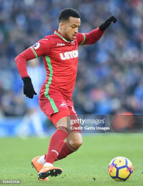 Martin Olsson of Swansea City controls the ball during the Premier League match between Brighton and Hove Albion and Swansea City at Amex Stadium on...