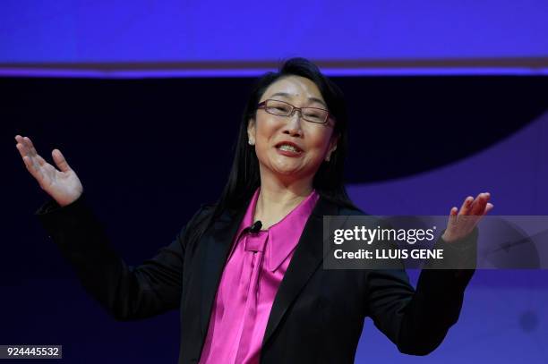 Chairwoman of HTC, Taiwanese entrepreneur Cher Wang, gives a press conference on the first day of the Mobile World Congress on February 26, 2018 in...