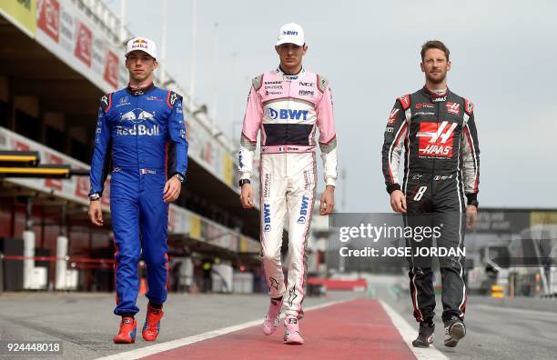 Toro Rosso French drives Pierre Gaslyat, Force India French driver Esteban Ocon and Haas F1 Team-Ferrari French driver Romain Grosjean pose at the...