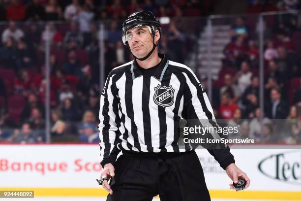 Look on NHL linesman Derek Amell during the Tampa Bay Lightning versus the Montreal Canadiens game on February 24 at Bell Centre in Montreal, QC