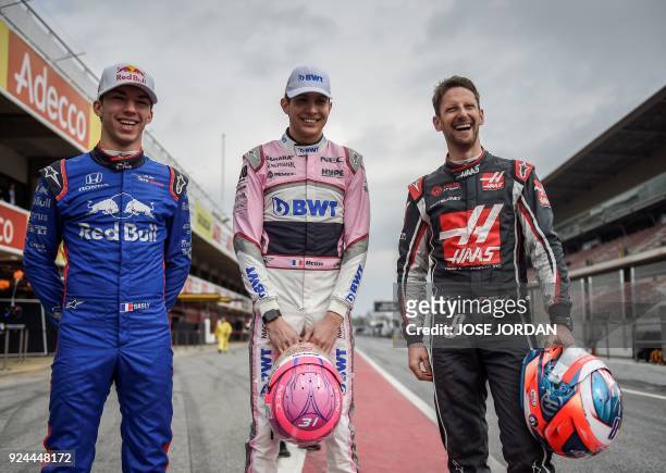 Toro Rosso French drives Pierre Gaslyat, Force India French driver Esteban Ocon and Haas F1 Team-Ferrari French driver Romain Grosjean pose at the...