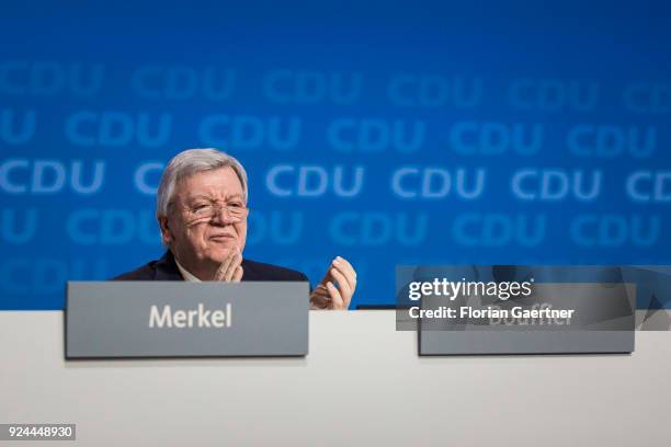 Volker Bouffier, CDU, prime minister of the German state of Hesse, claps his hands during the speech ob German Chancellor Angela Merkel on February...