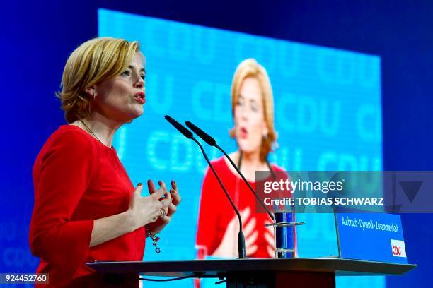 Rhineland-Palatinate's CDU leader and designated German Agriculture Minister Julia Kloeckner delivers her speech during the CDU's party congress on...