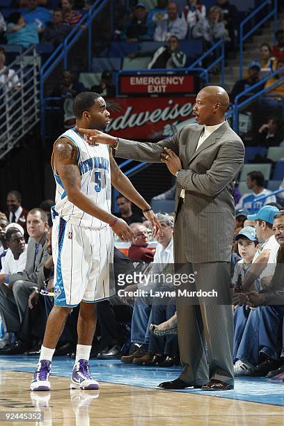 Marcus Thornton and head coach Byron Scott of the New Orleans Hornets talk during the game against the Indiana Pacers on October 17, 2009 at the New...