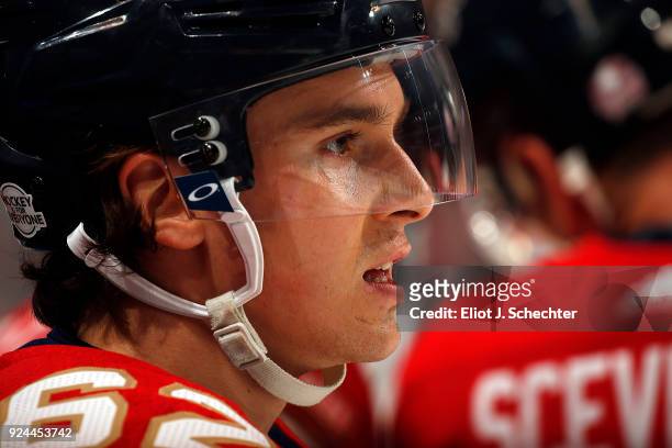 Denis Malgin of the Florida Panthers skates on the ice during warm ups against the Pittsburgh Penguins at the BB&T Center on February 24, 2018 in...