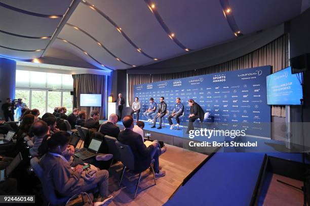 Laureus Academy Member Raul, Hidetoshi Nakata and Laureus Academy Member Cafu are interviewed prior to the 2018 Laureus World Sports Awards at Le...