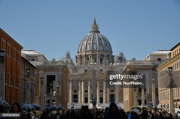 Snowfall in the night in the capital city the snowfall connected to the arrival of Burian. Saint Peter whitewashed on February 26, 2018 in Rome, Italy