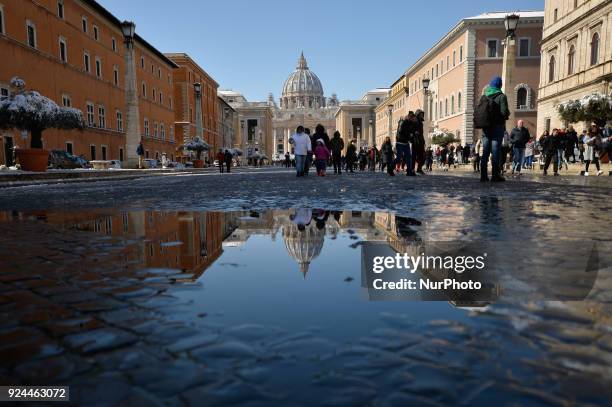 Snowfall in the night in the capital city the snowfall connected to the arrival of Burian. Saint Peter whitewashed on February 26, 2018 in Rome, Italy