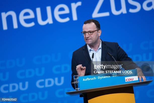Designated German Health Minister Jens Spahn delivers his speech during the party congress of the Christian Democratic Union on February 26, 2018 in...