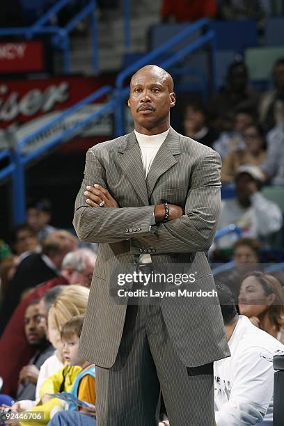 Head coach Byron Scott of the New Orleans Hornets looks on from the sideline during the game against the Indiana Pacers on October 17, 2009 at the...