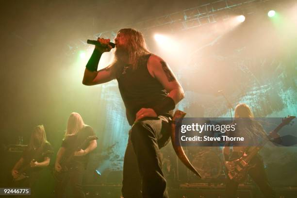 Johan Hegg of Amon Amarth performs on stage at Wulfrun Hall on October 28, 2009 in Wolverhampton, England.