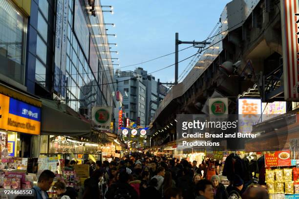 view of crowded ameya-yokocho shopping street in tokyo - ameya yokocho fotografías e imágenes de stock