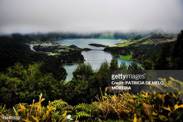 Picture taken on February 23, 2018 shows a landscape of Sete Cidades lagoon in Sao Miguel island, Azores, Portugal.