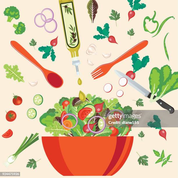 fresh foods and cooking with pots pans and utensils - making salad stock illustrations