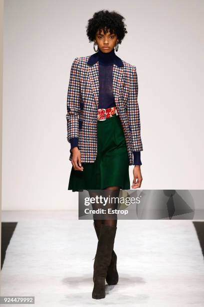 Model walks the runway at the Laura Biagiotti show during Milan Fashion Week Fall/Winter 2018/19 on February 25, 2018 in Milan, Italy.