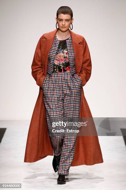 Model walks the runway at the Laura Biagiotti show during Milan Fashion Week Fall/Winter 2018/19 on February 25, 2018 in Milan, Italy.