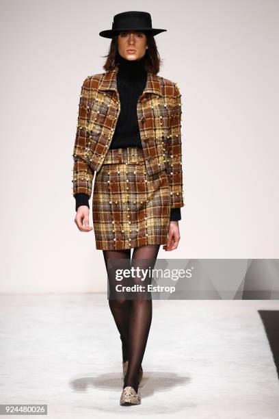 Model walks the runway at the Laura Biagiotti show during Milan Fashion Week Fall/Winter 2018/19 on February 25, 2018 in Milan, Italy.