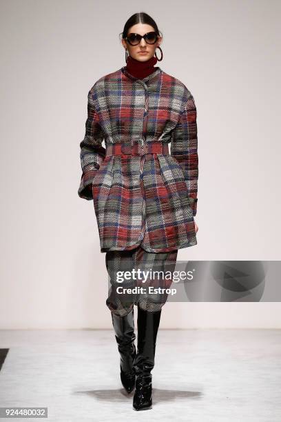 Model walks the runway at the Laura Biagiotti show during Milan Fashion Week Fall/Winter 2018/19 on February 25, 2018 in Milan, Italy.