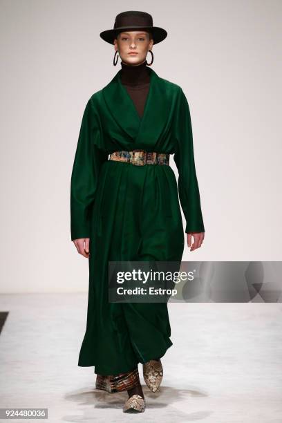 Model walks the runway at the Laura Biagiotti show during Milan Fashion Week Fall/Winter 2018/19 on February 25, 2018 in Milan, Italy.