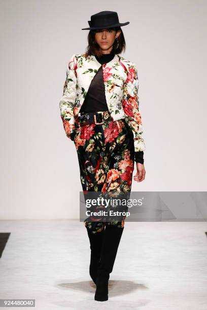 Model walks the runway at the Laura Biagiotti show during Milan Fashion Week Fall/Winter 2018/19 on February 25, 2018 in Milan, Italy.