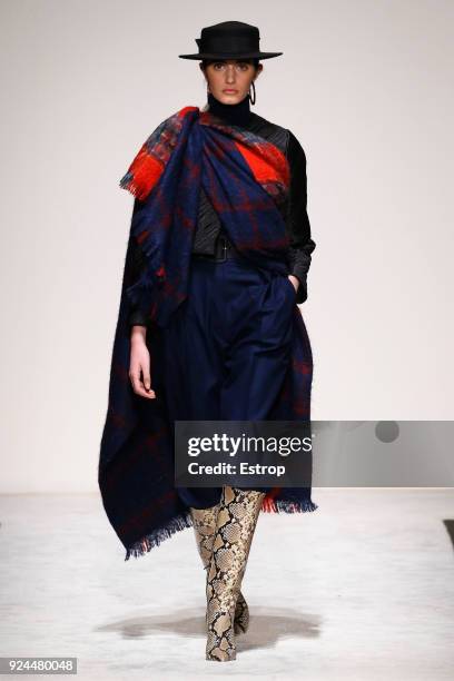 Model walks the runway at the Laura Biagiotti show during Milan Fashion Week Fall/Winter 2018/19 on February 25, 2018 in Milan, Italy.