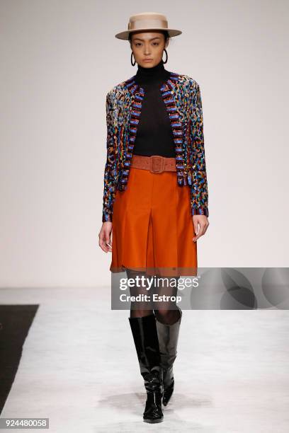 Model walks the runway at the Laura Biagiotti show during Milan Fashion Week Fall/Winter 2018/19 on February 25, 2018 in Milan, Italy.