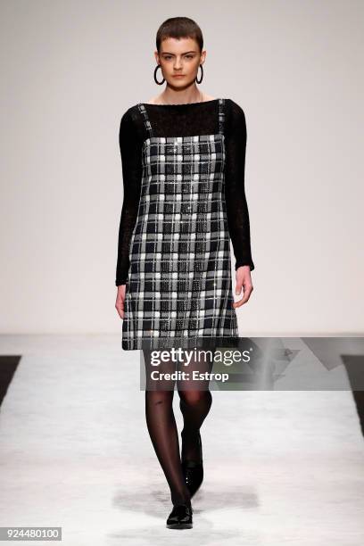 Model walks the runway at the Laura Biagiotti show during Milan Fashion Week Fall/Winter 2018/19 on February 25, 2018 in Milan, Italy.