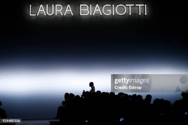 Model walks the runway at the Laura Biagiotti show during Milan Fashion Week Fall/Winter 2018/19 on February 25, 2018 in Milan, Italy.