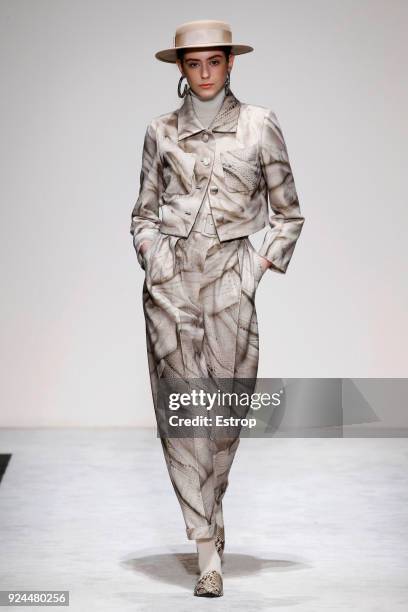 Model walks the runway at the Laura Biagiotti show during Milan Fashion Week Fall/Winter 2018/19 on February 25, 2018 in Milan, Italy.