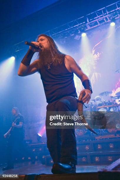 Johan Hegg of Amon Amarth performs on stage at Wulfrun Hall on October 28, 2009 in Wolverhampton, England.