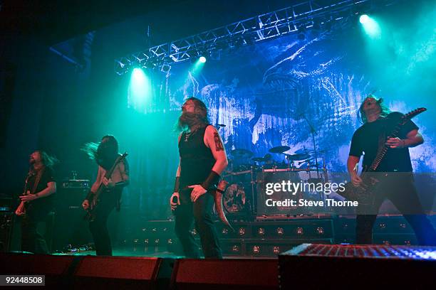 Johan Hegg of Amon Amarth performs on stage at Wulfrun Hall on October 28, 2009 in Wolverhampton, England.