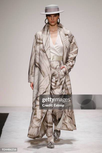 Model walks the runway at the Laura Biagiotti show during Milan Fashion Week Fall/Winter 2018/19 on February 25, 2018 in Milan, Italy.