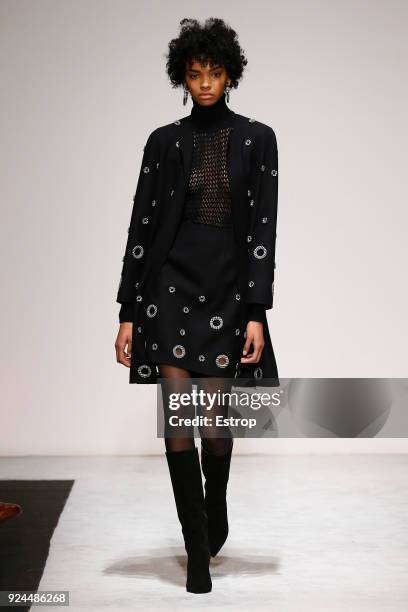 Model walks the runway at the Laura Biagiotti show during Milan Fashion Week Fall/Winter 2018/19 on February 25, 2018 in Milan, Italy.